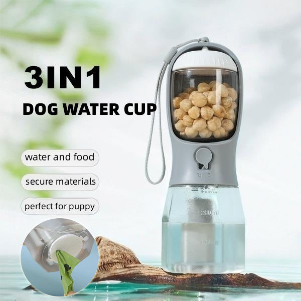 3-in-1 Portable Dog Water Bottle – Travel Pet Water Dispenser with Food Container & Waste Bag Holder – Leakproof Dog Cup with Lockable Button & Filter – 300ml