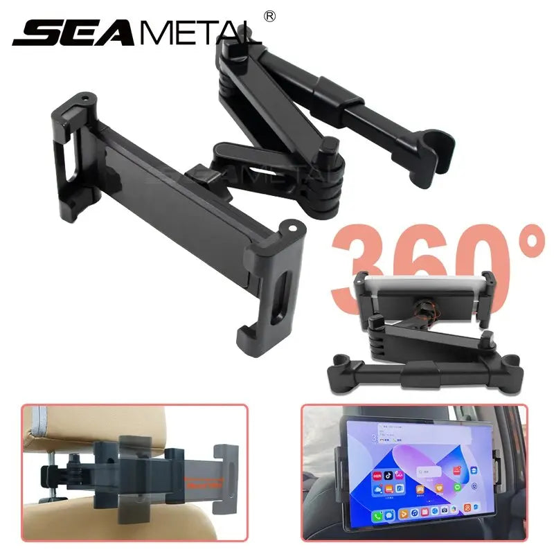 Black car tablet holder with 360-degree rotation feature, branded 'Seameta'.